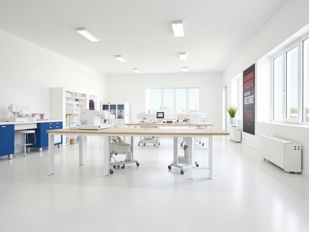 Modern sewing workshop with Sakura Sewing Solutions branding